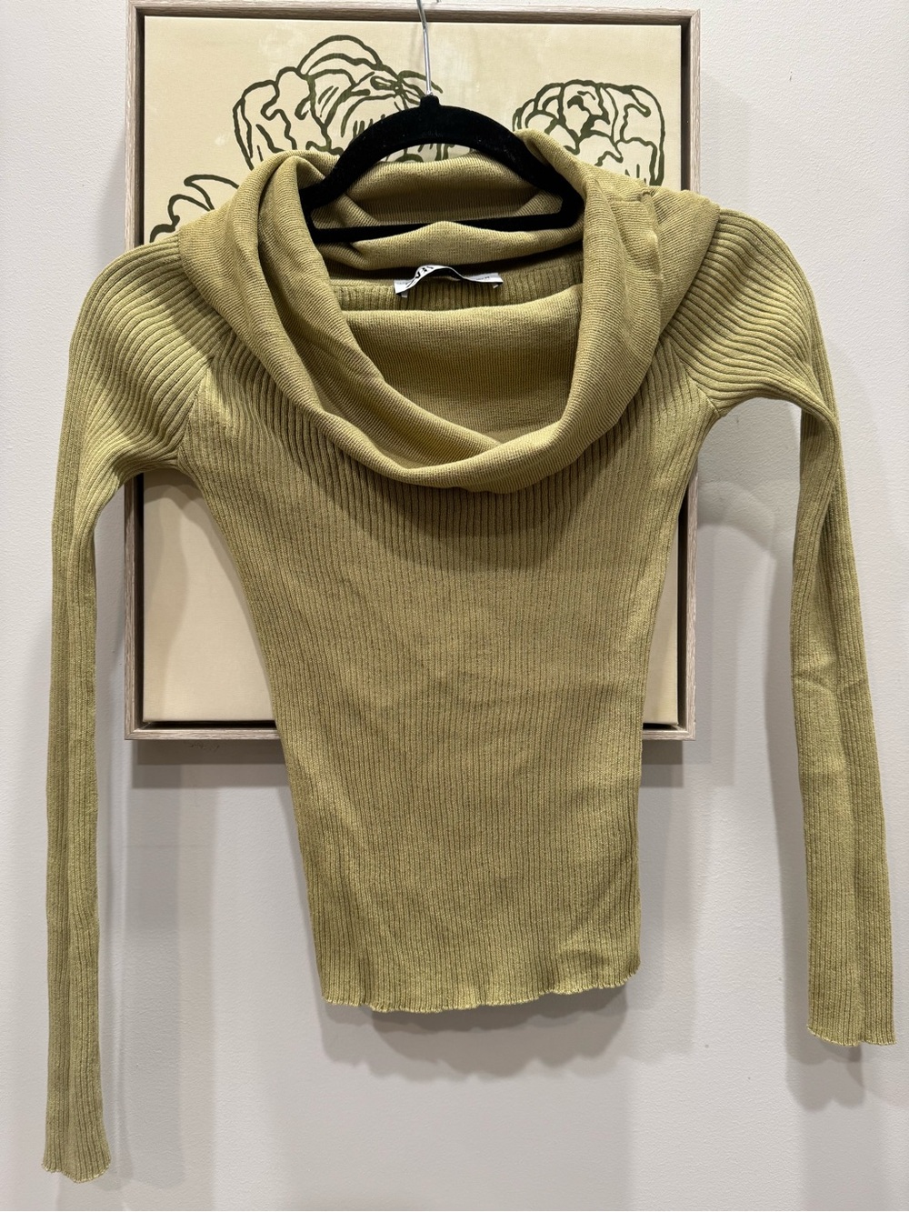 Zara Olive Green Cowl Neck Ribbed Sweater Off-Shoulder Women Small ~ NEW, NO TAG